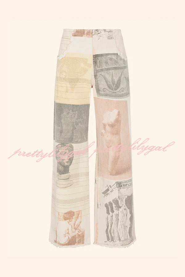Historic Imagery Unique Print High Rise Pocketed Wide Leg Jeans