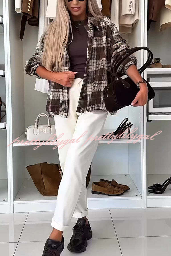 Fashion Plaid Print Lapel Long Sleeve Loose Zipper Jacket