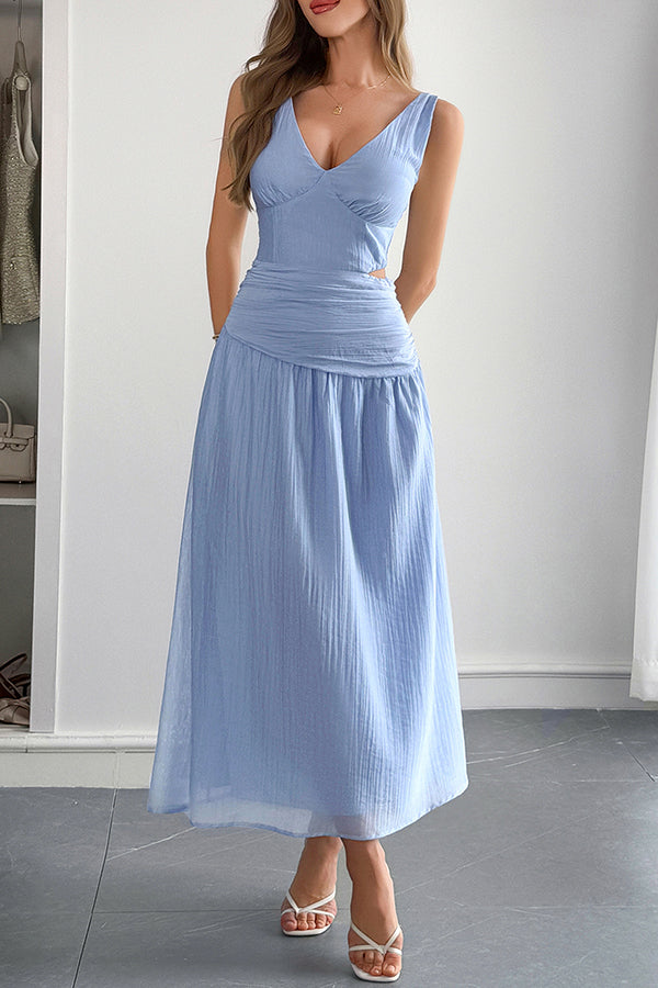 Solid Color V-neck Sleeveless Waist Hollow Out Maxi Dress