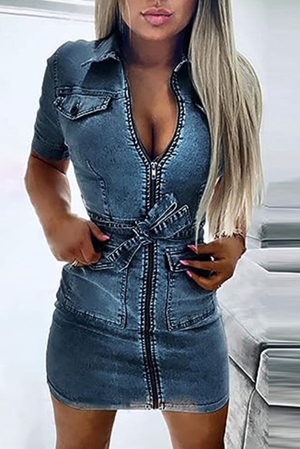 Tie Waist Zipped Pocket Denim Mini Dress