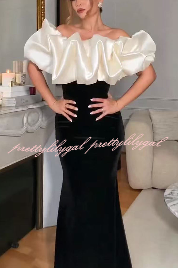 Cecily Velvet Off Shoulder Satin Structured Bardot Neck Stretch Maxi Dress