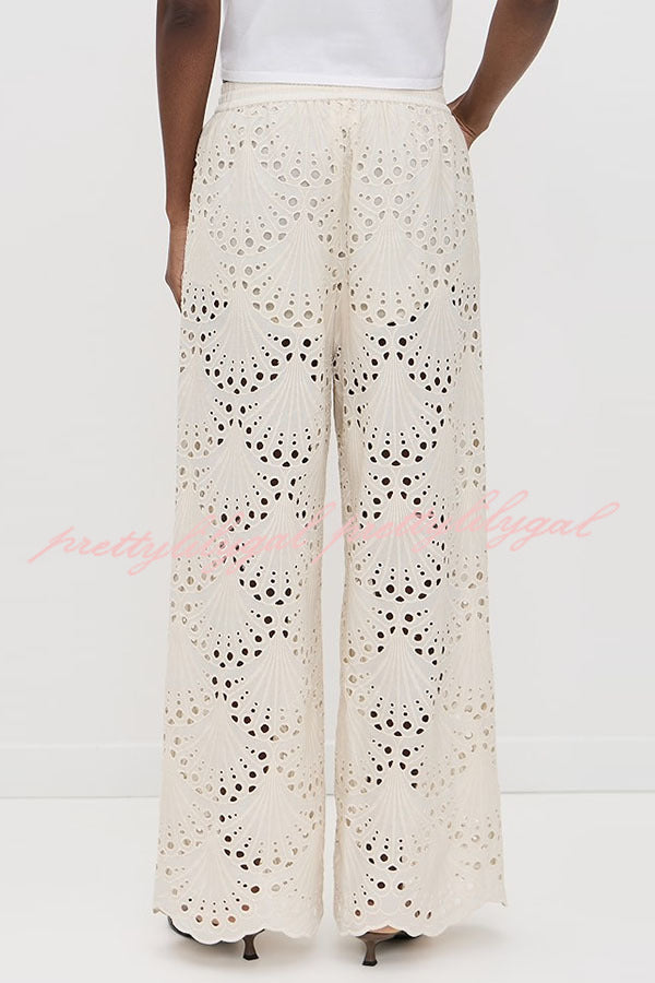 Lillah Embroidered Lace Shell Pattern Elastic Waist Pocket Wide Leg Pants