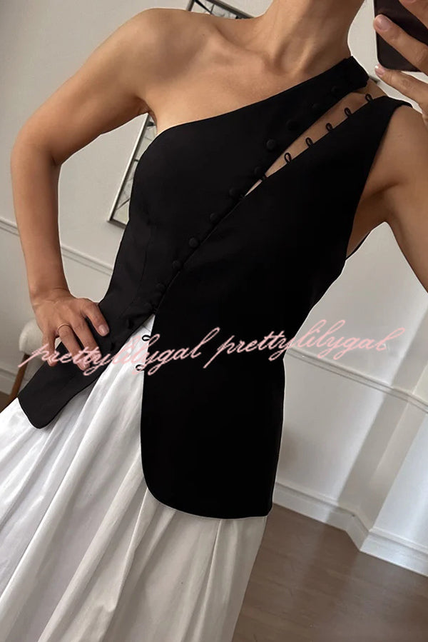 Full of Design Solid Color One Shoulder Asymmetric Slit Button Casual Vest