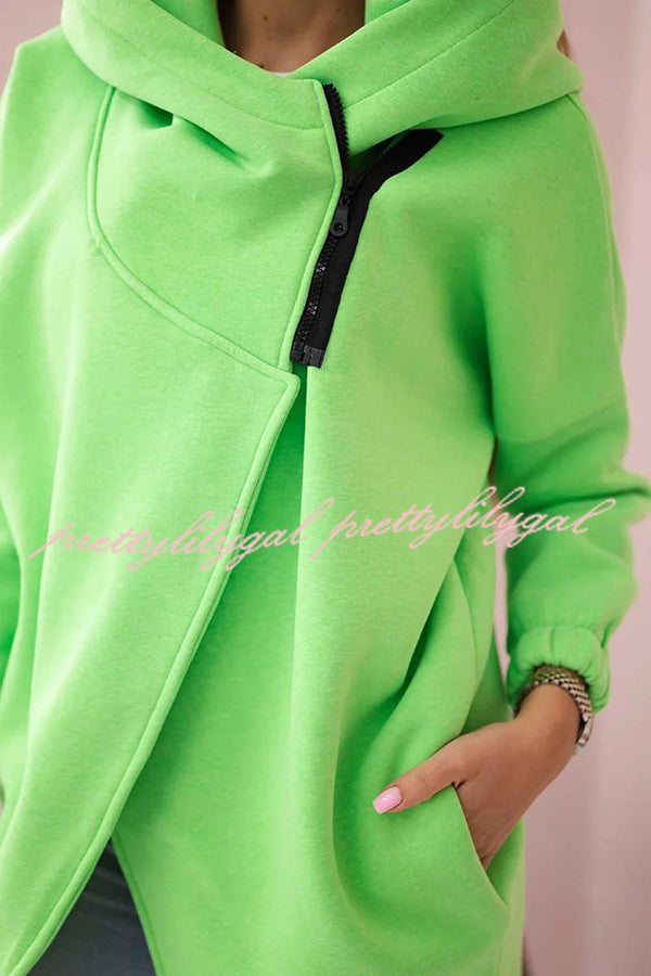 Solid Color Loose Hooded Zip-up Casual Sports Jacket