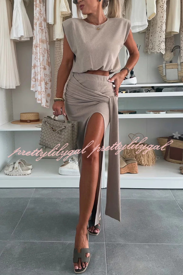 Comfortable Stylish Round Neck Sleeveless Casual Top and Elastic Waist Ruched Tie Slit Midi Skirt Set