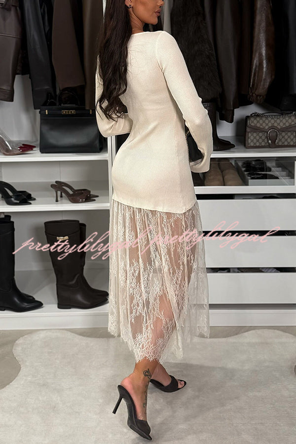 Ellie Ribbed Knit Square Neck Long Sleeve Lace Patchwork Hem Midi Dress