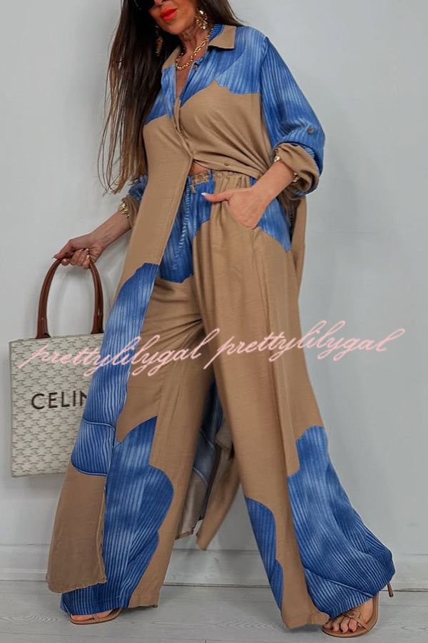 Unique Printed Casual Loose Long Shirt and Elastic Waist Pocket Wide Leg Pants Set