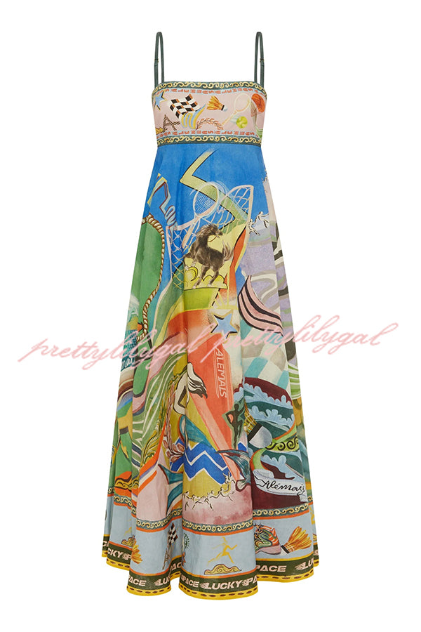 Linen Blend Unique Print Suspenders Back Pleated Pocket Resort Style Maxi Dress
