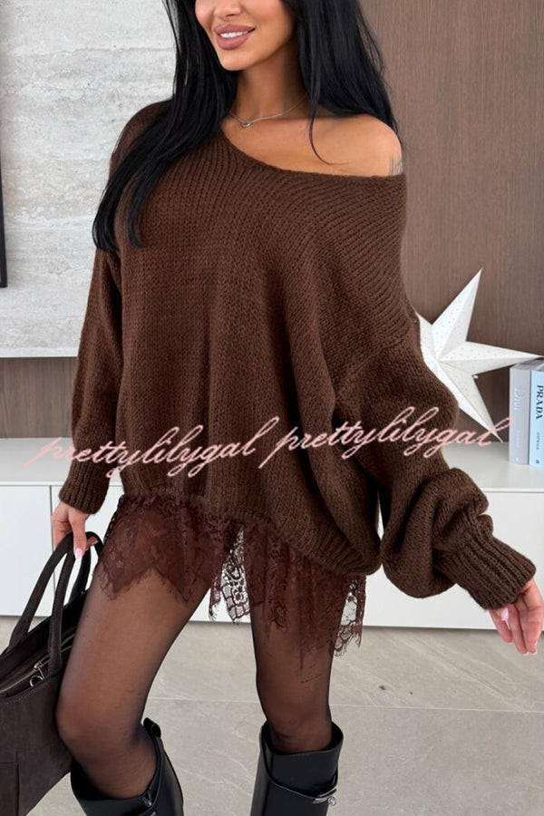 Comfy and Sweet Knit Lace Patchwork Hem Wide Neck Long Sleeve Loose Sweater