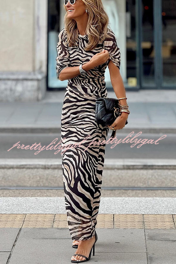 Natural Beauty Mesh Zebra Print Ruched Stretch Maxi Dress