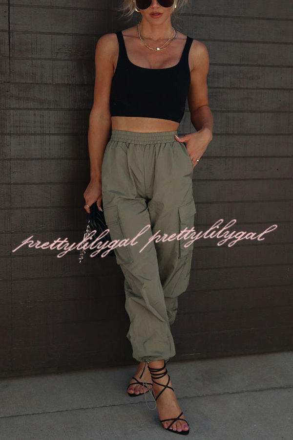 Let’s Rewind Nylon Elastic Waist Pocketed Cargo Pants