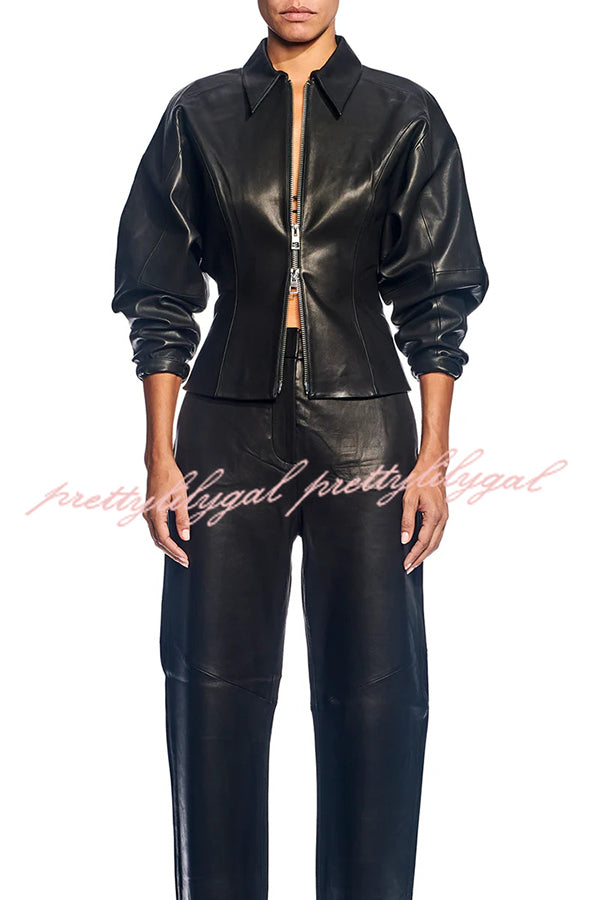 Pop of Brown Faux Leather Double Zipper Detail Balloon Sleeve Lapel Jacket