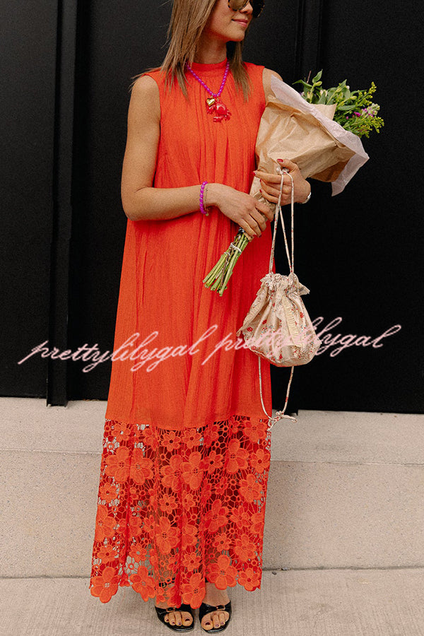 Breezy Comfort Tie-up Neck Sleeveless Floral Lace Hem Maxi Dress