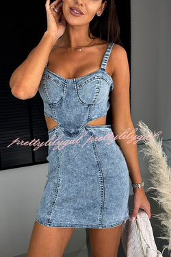 Picilo Denim Sweetheart Neck Cutout Waist Stretch Mini Dress