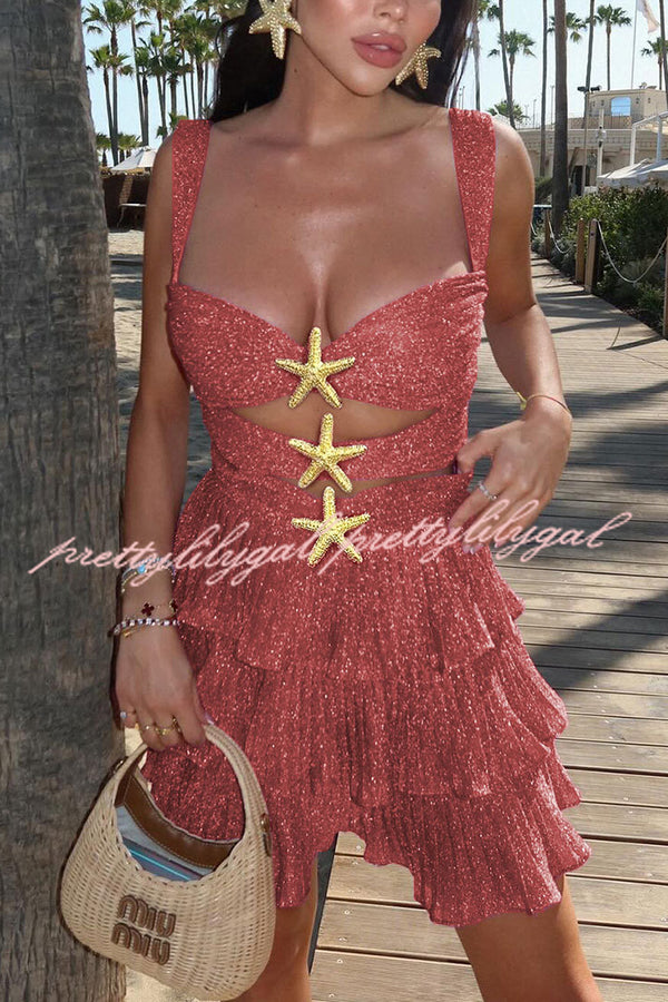 Little Mermaid Glitter Fabric Metal Starfish Hollow Layered Stretch One-piece Swimsuit