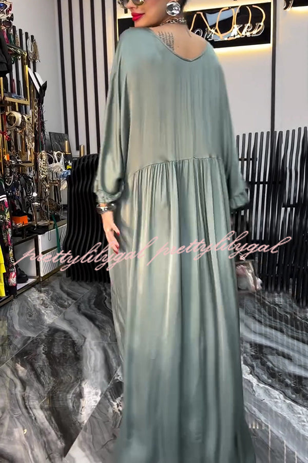 Satin Solid Color V-neck Lotus Leaf Sleeve Loose Pleated Maxi Dress