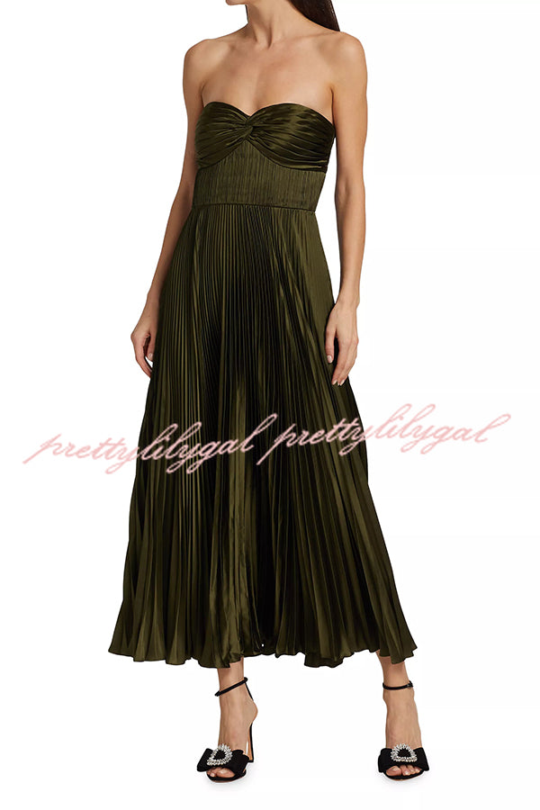 Love Note Satin Sweetheart Twist Off Shoulder Pleated Maxi Dress