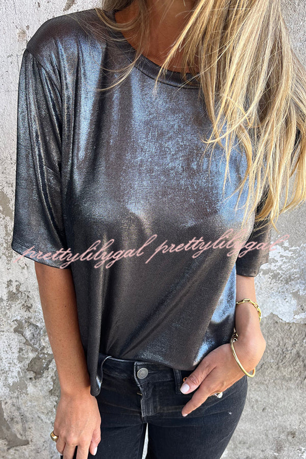 Metallic Solid Color Round Neck Short-sleeved Loose T-shirt