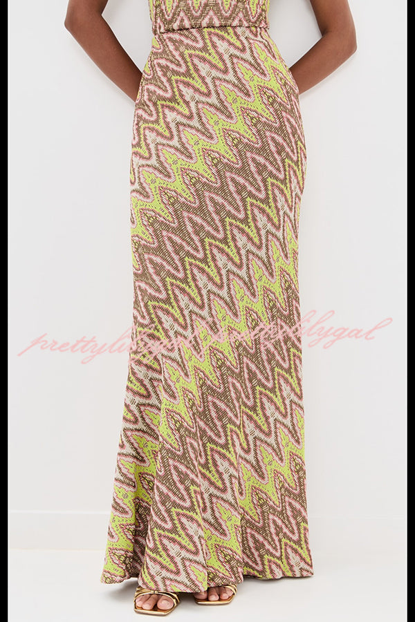 Moonlit Waltz Knit Jacquard Zigzag Print High Rise Stretch Flare Maxi Skirt