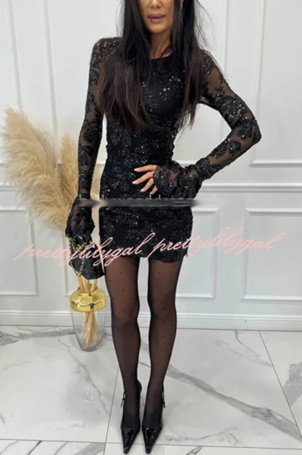 Deep and Dazzling Floral Texture Sequin Long Bell Sleeve Open Back Mini Dress