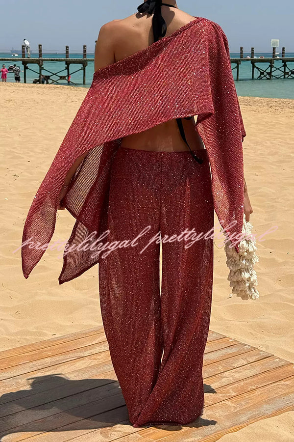Vacation Knit Shiny Fabric Batwing Sleeve Cape Top and Cover-up Elastic Waist Loose Pants Set