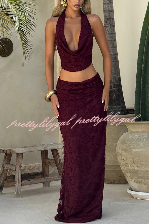 Myra Floral Burnout Jersey Fabric Halter Crop Tank and Ruched Maxi Skirt Set