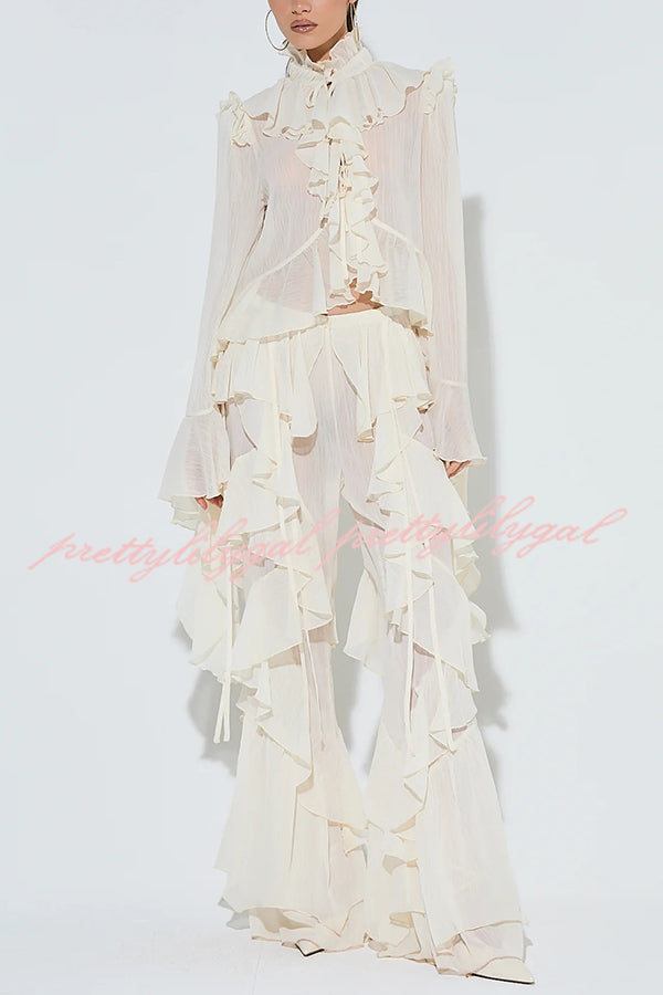 Fashionable Ruffled Elastic Waist Holiday Style Flared Pants