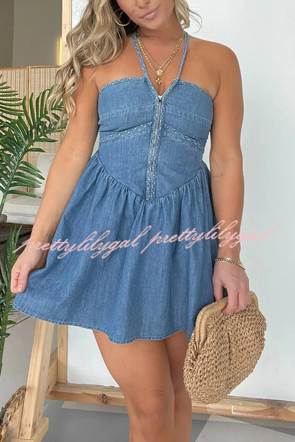 Sexy Halter Neck Backless Front Zip Denim Mini Dress