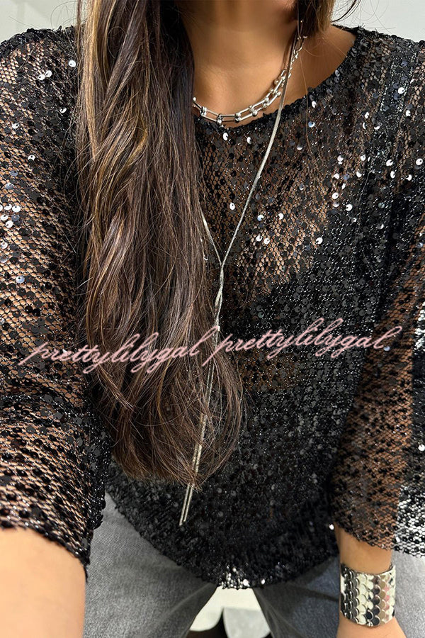 Shine Everywhere Sequin Mesh Half Sleeve Shift Blouse