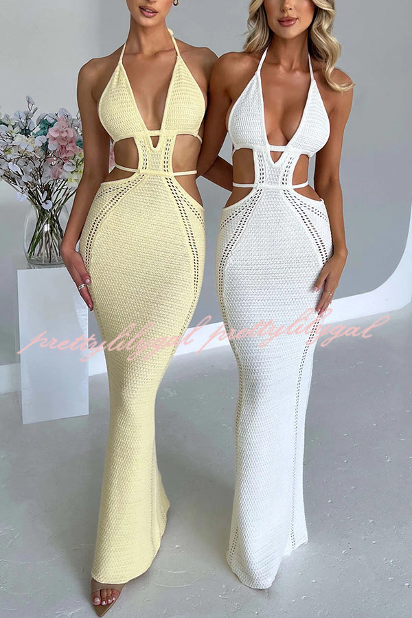 Effortlessly Cool and Sexy Knit Crochet Cutout Halter Tie-up Stretch Maxi Dress