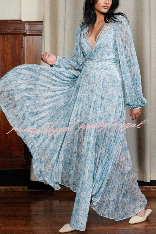 Dreamy Seaside Floral Balloon Sleeve Pleated Lightweight Maxi Dress