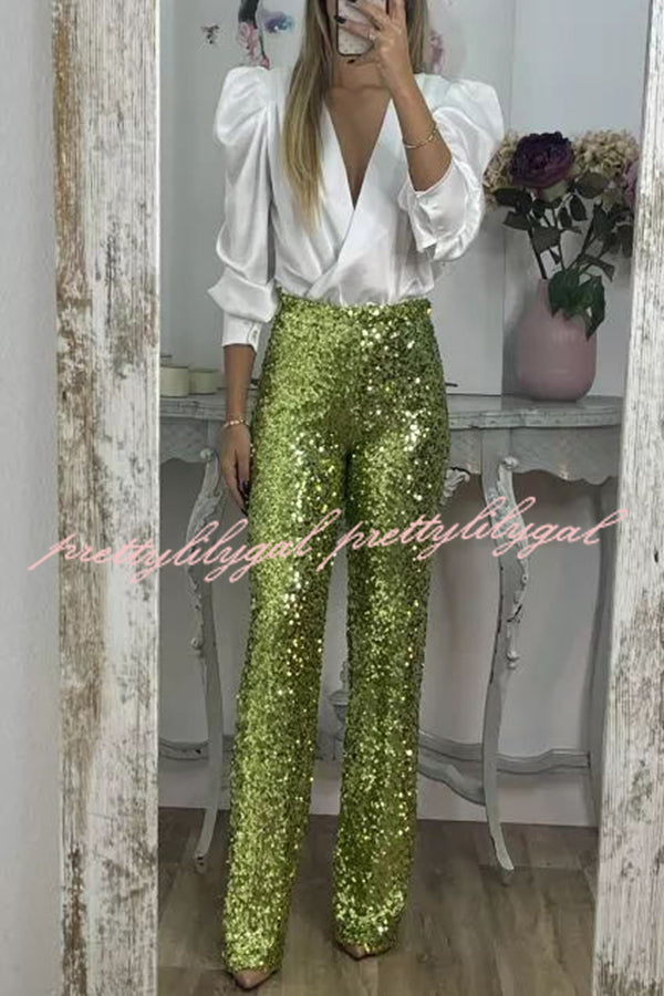 Glitzy Glamour Sequin High Rise Elastic Waist Wide Leg Pants