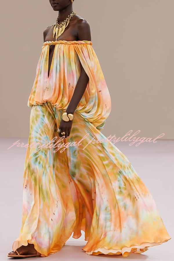 Gorgeous 70s Dream Tie-dye Print Off Shoulder Braid Cutout Detail Drape Maxi Dress