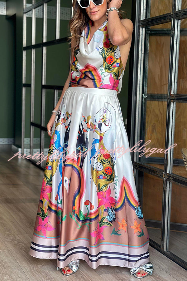 Evangeline Satin Unique Print Back Tie-up Pocket Halter Maxi Dress