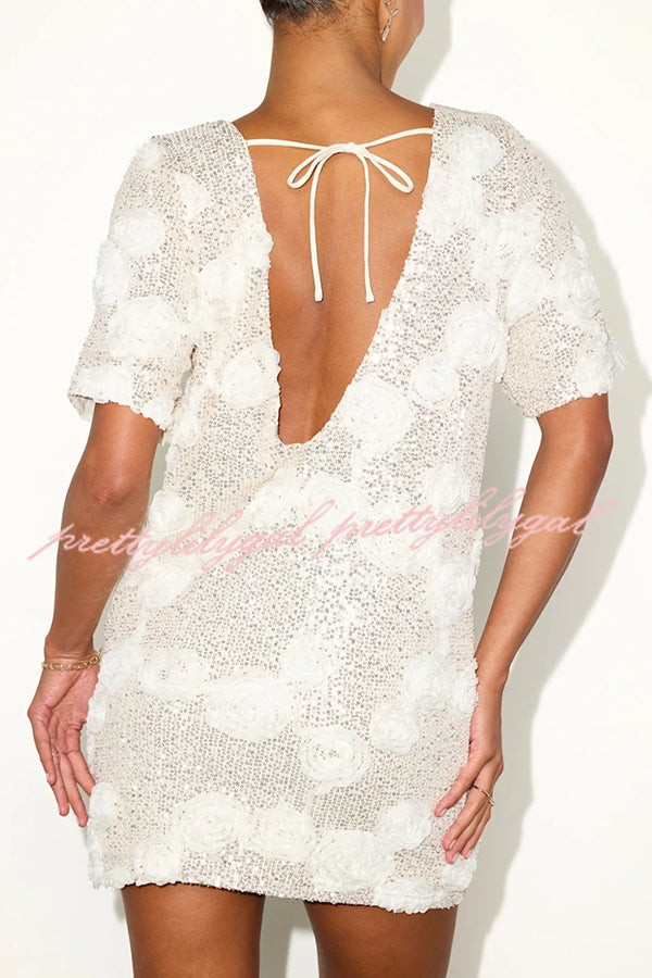 Feeling Exquisite Sequin-embellished Rose Texture Short Sleeve H-line Mini Dress