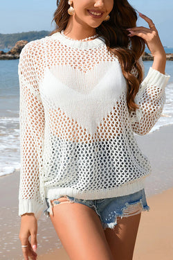 Solid Color Round Neck Long Sleeve Heart Knitted Beach Cover Up