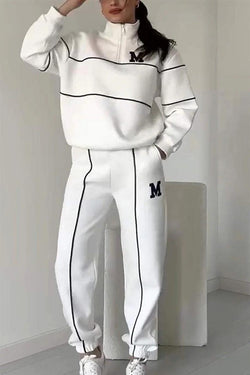 Fashionable Letter Striped Long-sleeved Sweatshirt and Elastic Waist Casual Pocket Pants Set