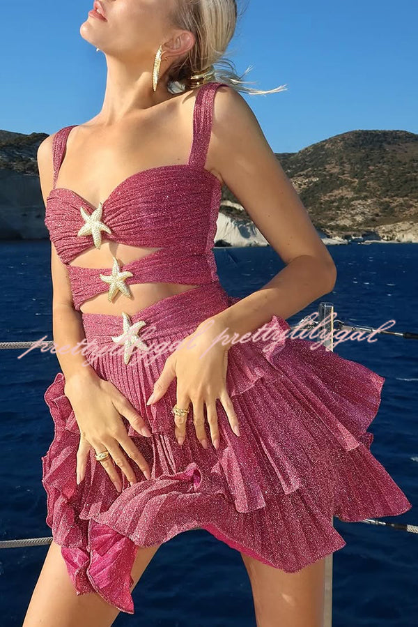 Little Mermaid Glitter Fabric Metal Starfish Hollow Layered Stretch One-piece Swimsuit