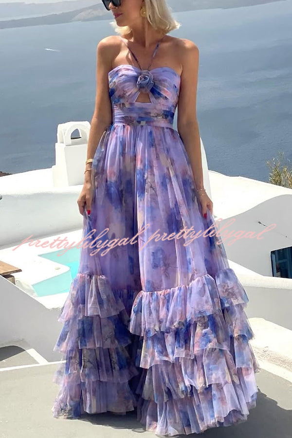 Dreamy Clouds Tulle Printed Rose Detail Cutout Ruffles Tiered Halter Maxi Dress