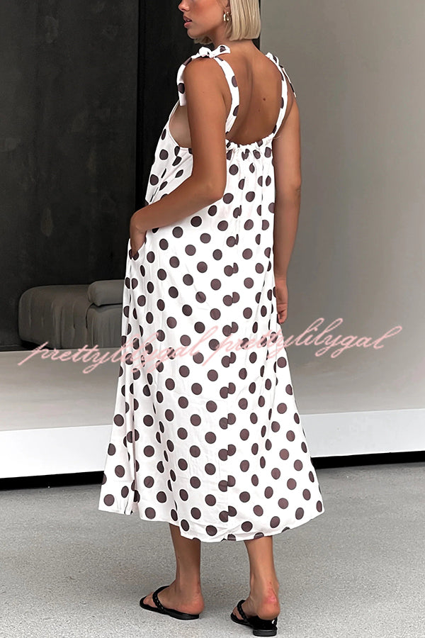 Polka Dot Print Suspenders Strappy Backless Loose Pocket Midi Dress