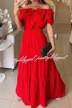 Admit Your Feelings Off Shoulder Smocked Waist Maxi Dress