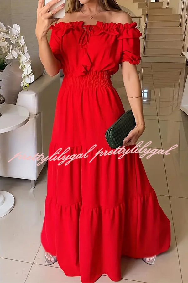 Admit Your Feelings Off Shoulder Smocked Waist Maxi Dress
