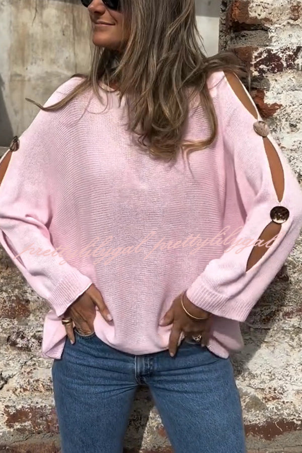 Solid Color Round Neck Hollow Long Sleeve Loose Knitted Sweater
