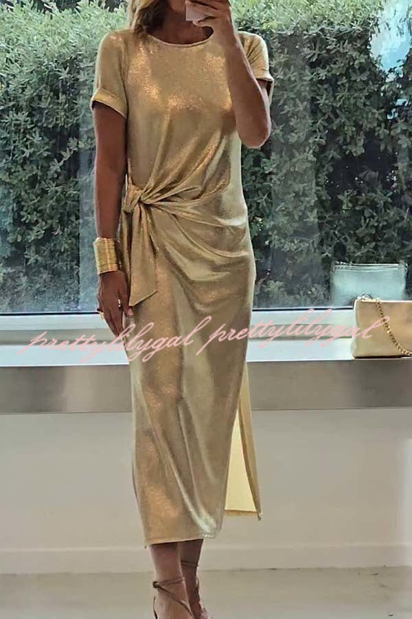 Full of Charming Glitter Fabric Short Sleeve Tie-up Waist Slit Midi Dress