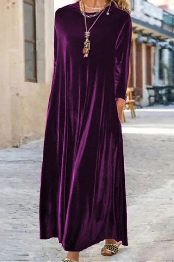 Solid Color Velvet Loose Round Neck Long Sleeve Midi Dress