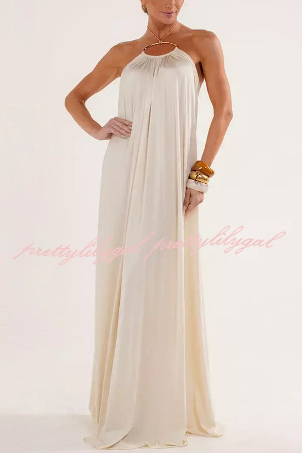Ocean Goddess Metal Circular Chain Halter Backless Vacation A-Line Maxi Dress