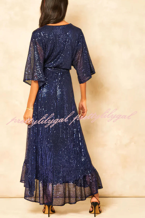 Solid Color Sequined V-neck Waist Tie Loose Maxi Dress