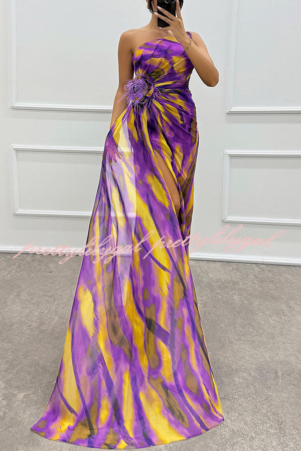 Amazing Views Watercolor Print Feather Rose Detail Off Shoulder Pleated Slit Maxi Dress