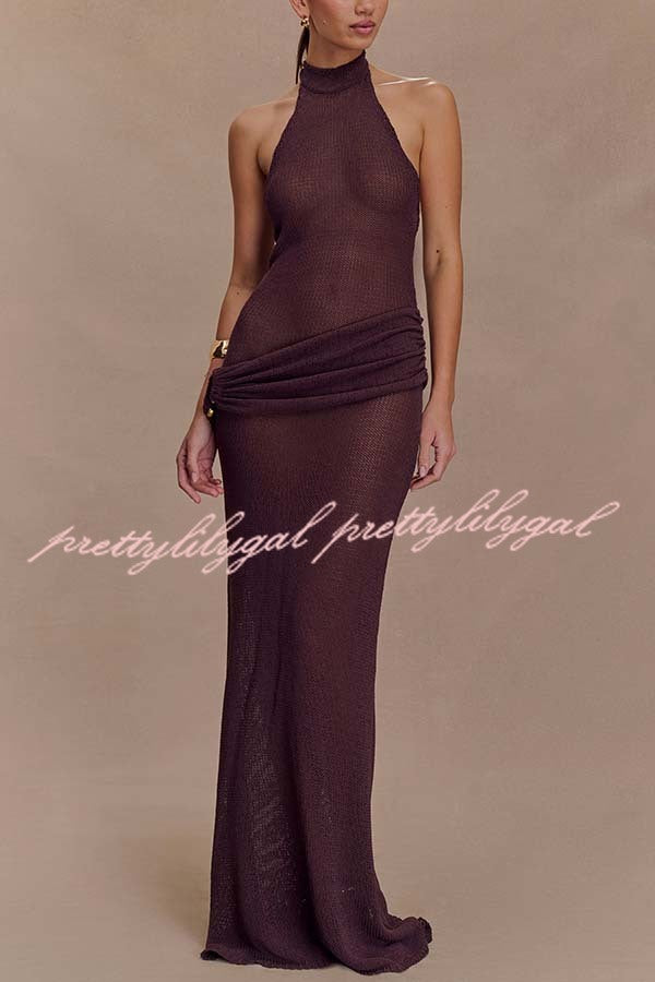 Quiet Confidence Knit Ruched Hip Halter Backless Stretch Maxi Dress