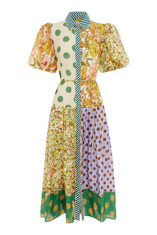 Linen Blend Unique Print Lapel Puff Sleeve Casual Midi Dress